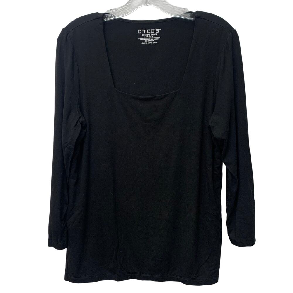 Chico's Size 1 Womens Medium Black Scoop Neck Long Sleeve TShirt Top